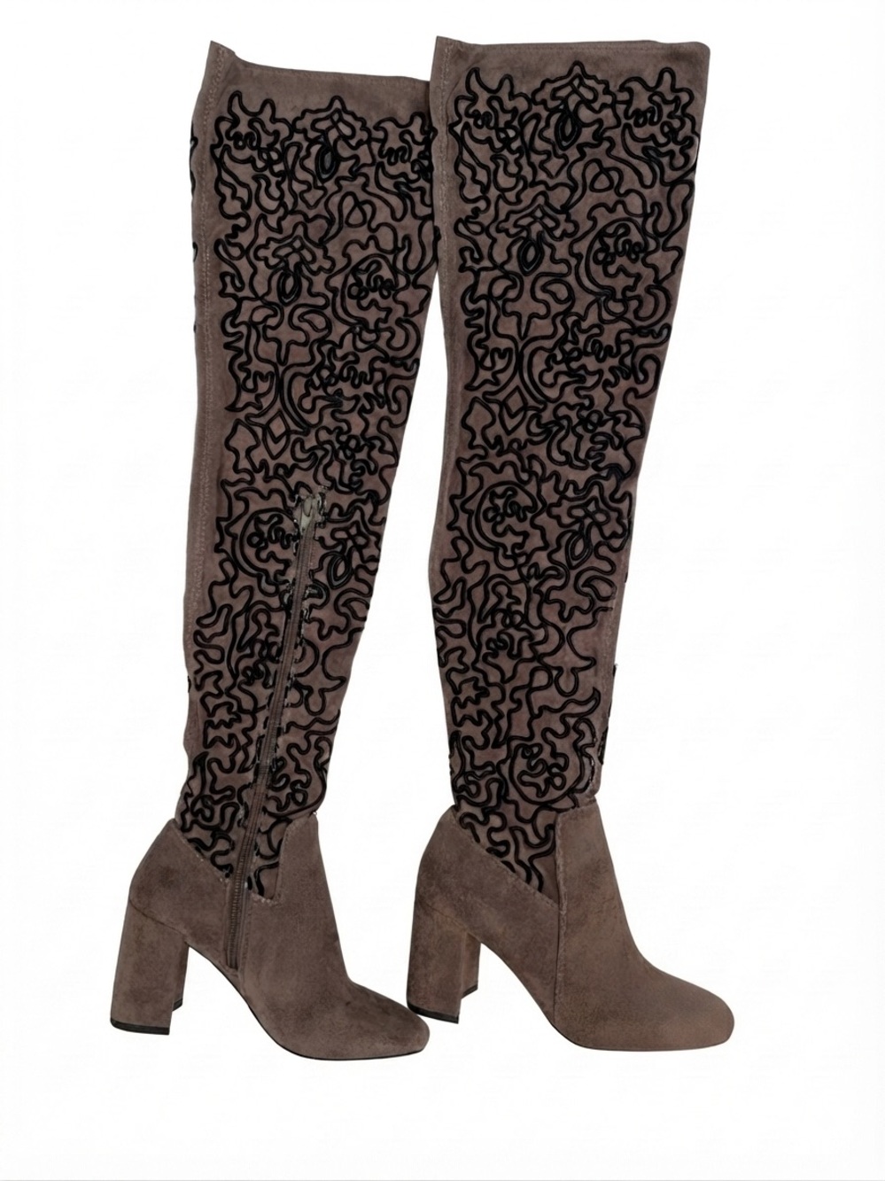 Jeffrey Campbell Cienage Taupe Over-the-Knee Embroidered Block Heel Boots Suede